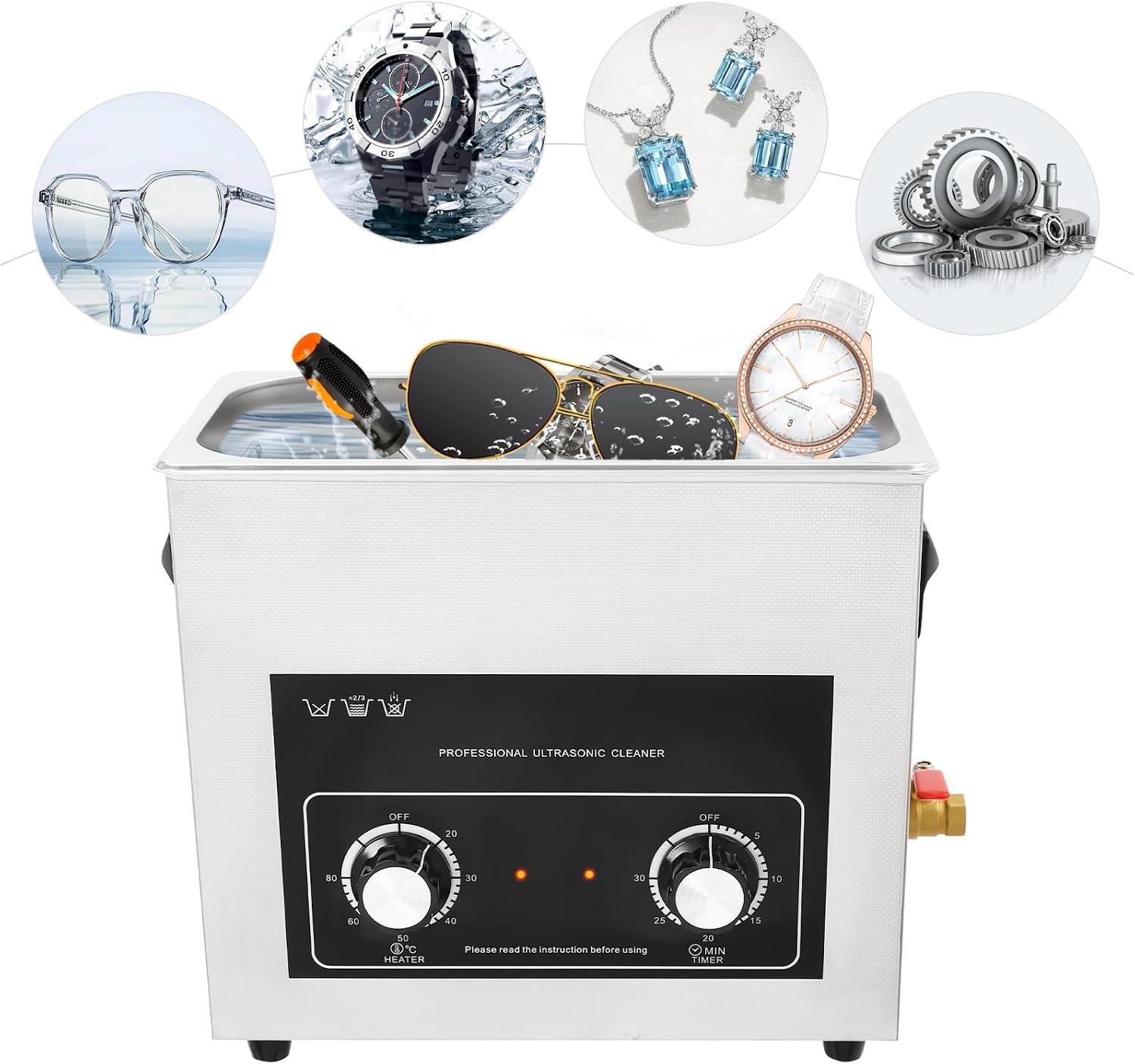 Pulitore A Ultrasuoni 42 Khz, da 2 A 30 Litri, in Acciaio Inox, con Cestello Rimovibile, Ideale per La Pulizia di Gioielli, Occhiali, Orologi, Protesi Dentarie E Parti Metalliche. 6.5L