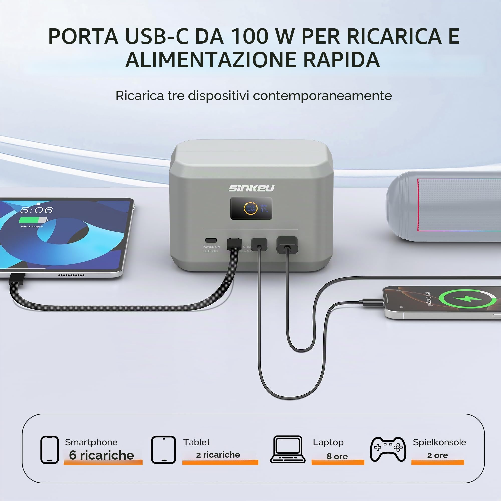 SinKeu Powerstation portatile, batteria LiFePO4 da 96 Wh, USB-C 100 W di ingresso/uscita | 3 porte, batteria di ricarica rapida per viaggi, alimentazione di emergenza