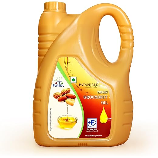 Patanjali Groundnut Oil, Kacchi Ghani, Virgin, Unrefined, Cold pressed, Edible Oil for Cooking, Baking & Frying for Rich Flavour & Nutrition 5L Jar