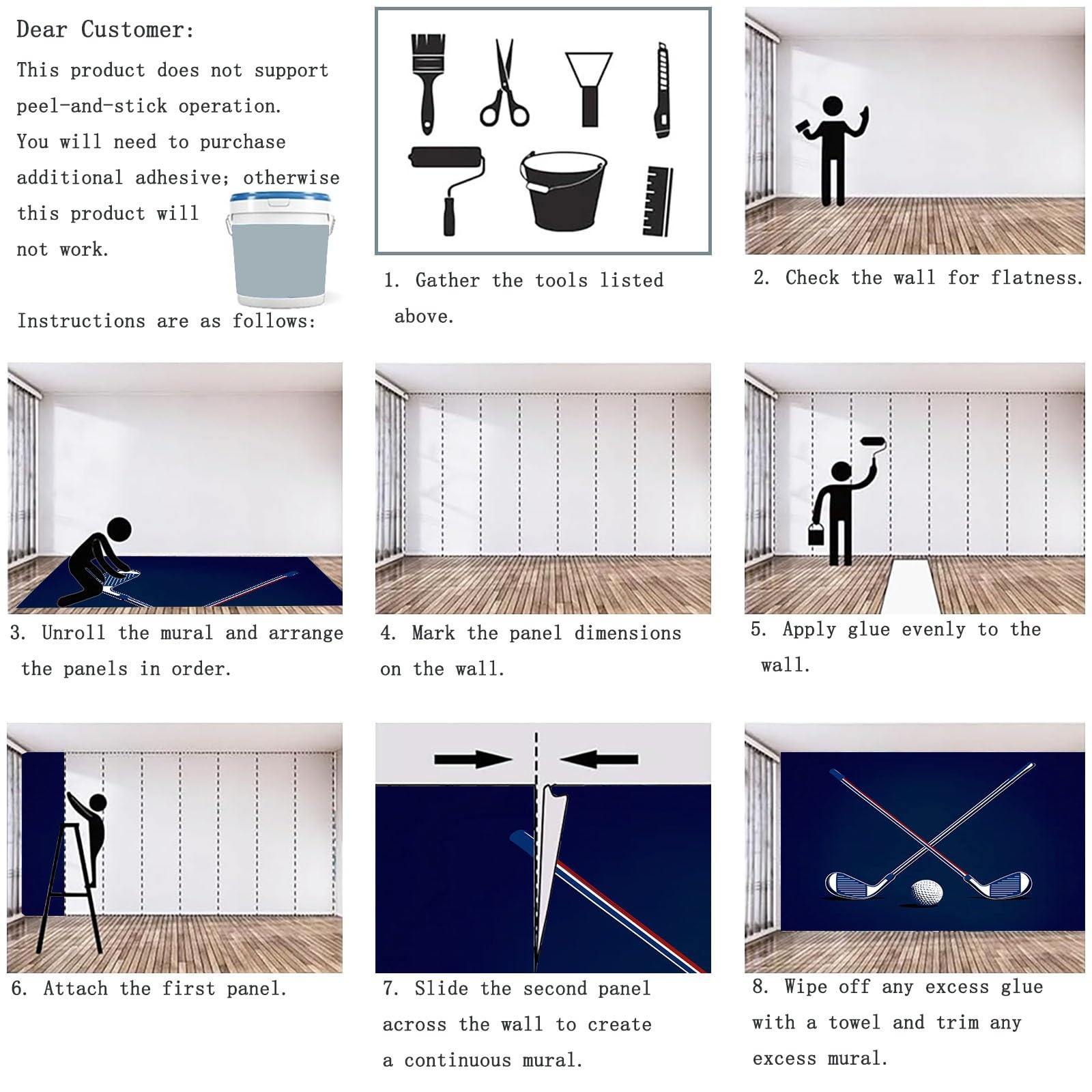 Drukowana fototapeta sportowa kij golfowy niesamoprzylepna tapeta, łatwa w instalacji z naklejką do tapet, 200 x 140 cm (szer. x wys.), duża dekoracja ścienna do domu, ciemnoniebieska