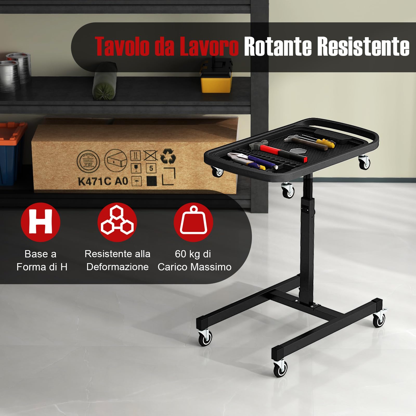 COSTWAY Vassoio Organizer per Attrezzi 2-in-1 con 4 Ruote, Carrello Porta Attrezzi Regolabile in Altezza con Vassoio, Carrello per Attrezzi da Meccanico Portatile per Garage e Officina, Nero