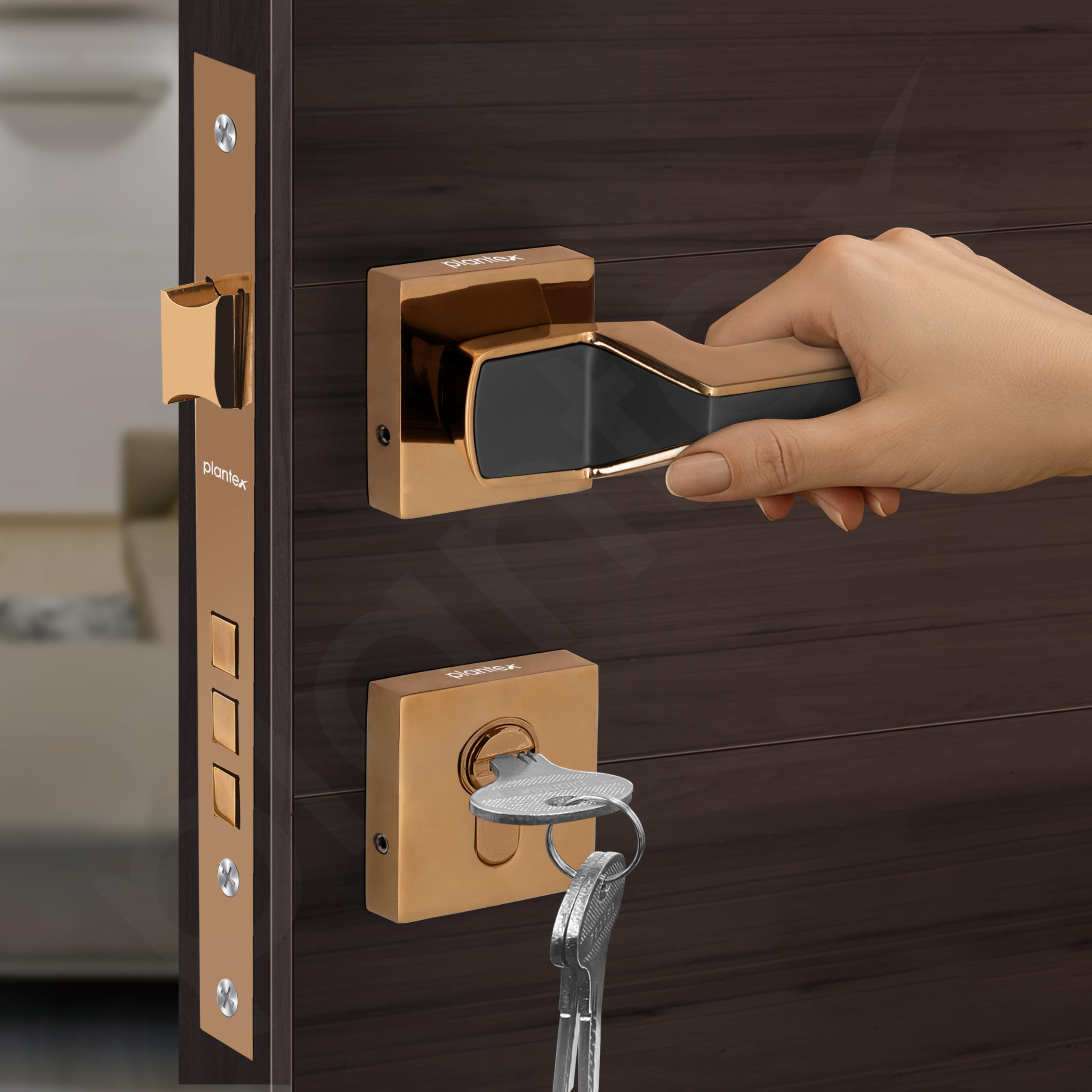 Plantex Mortise Lock - Rose Gold & Black Handle Set -7