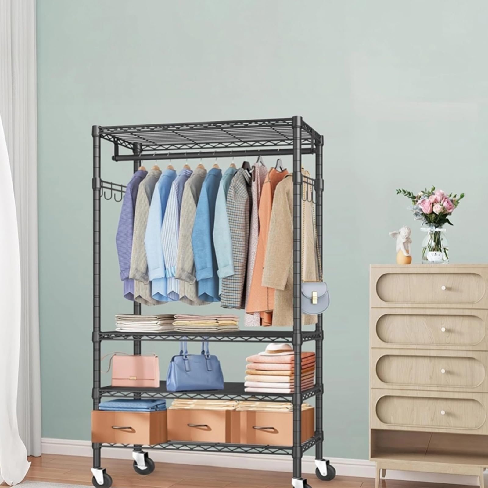 Armario Abierto para Ropa de 4 Baldas, Perchero de Pie | para Dormitorio o Vestidor, Negro, 187 × 90 × 45 cm