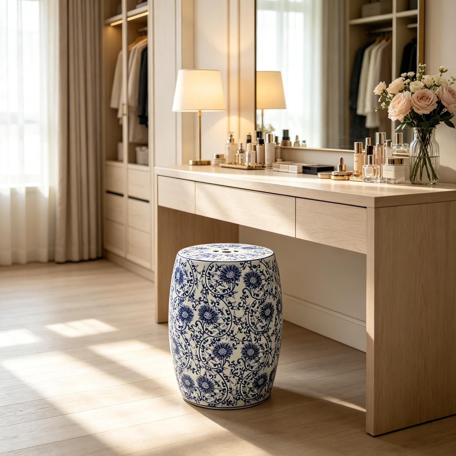 Ceramiczny Stołek Ogrodowy - Dekoracyjny Stołek Chinoiserie Na Boczny Stolik Na Zewnątrz - Do Wewnętrznego Ogrodu I Patio - Stołek Akcentujący Wystrój Domu Do Ekspozycji Stojaków Na Rośliny