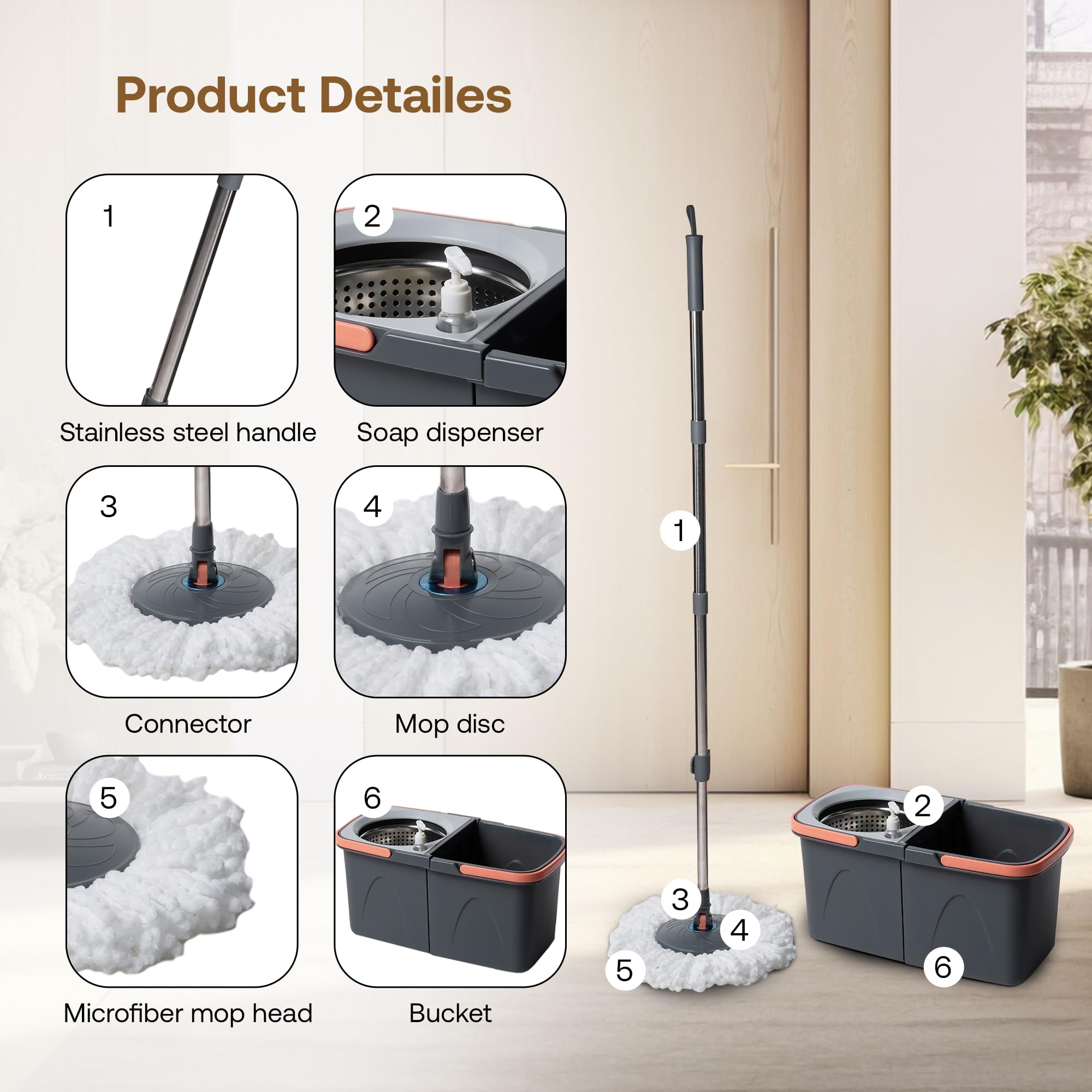 BonKaso Twin Spin Mop Set | 1 Bucket, 1 Handle & 2 Microfiber Mop Heads with Stainless Steel Wringer | 360° Easy Floor Cleaning for Home & Office 3
