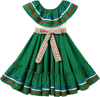 Mexican Dress for Girls Mexican Traditional Folk Ruffle Drape Dress with Belt Mexican Carnival Birthday Party Dress - Buy now