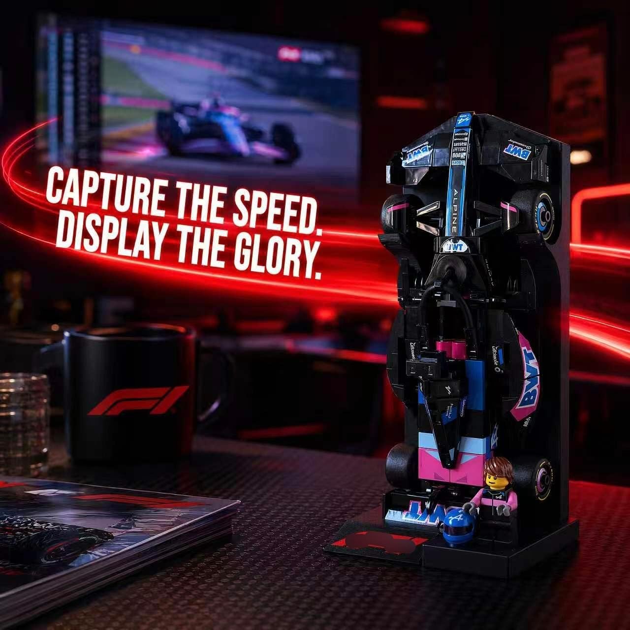 Vertical Desktop Display Stand for Formula-Style Racing Car Model, with Minifigure & Helmet Holder, Compatible with Speed Series Race Car Kits