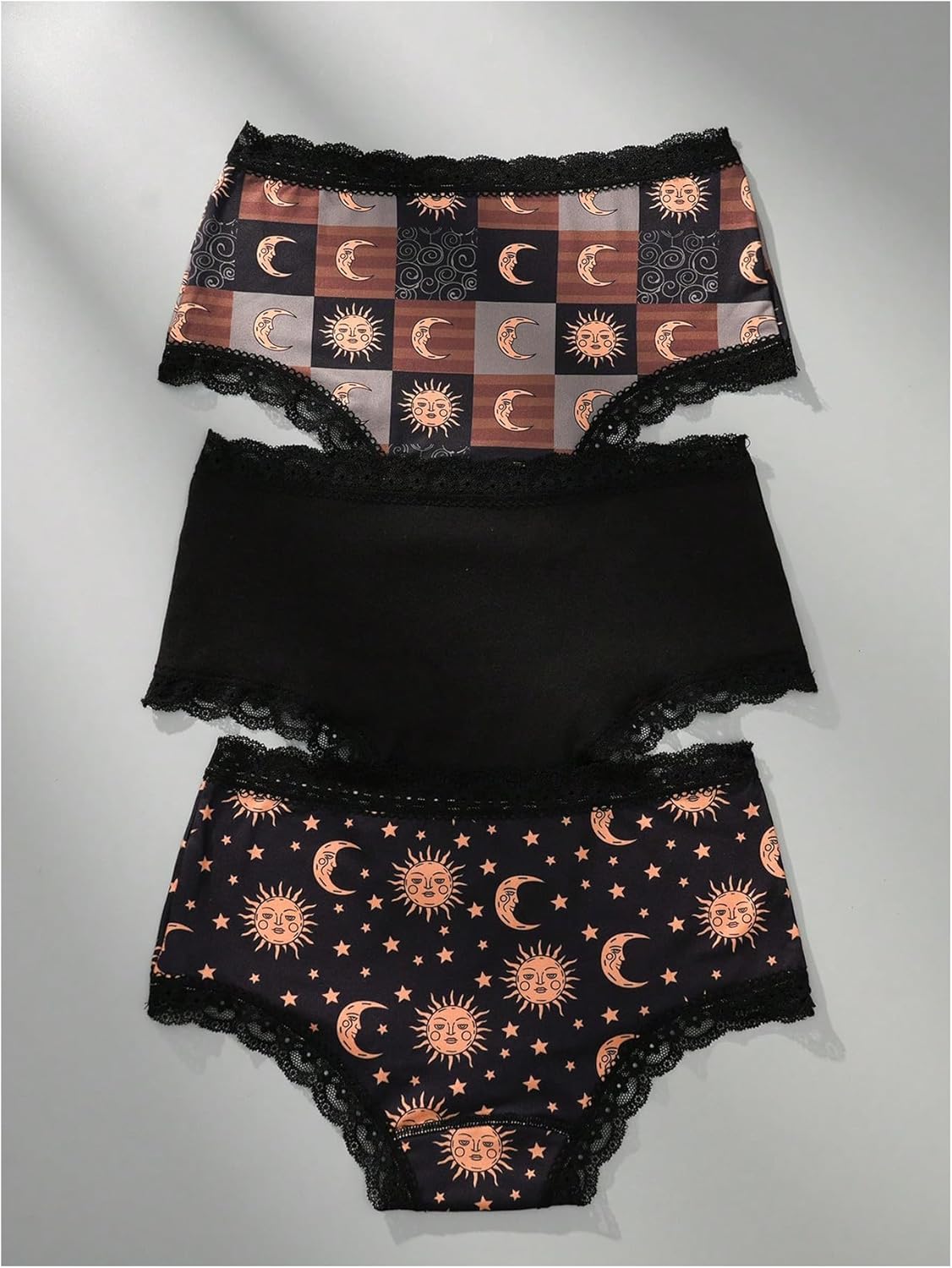 WDIRARA Women's 3 Pack Set Gothic Graphic Print Panties Lace Trim Mid Rise Underwear Briefs - Image 2