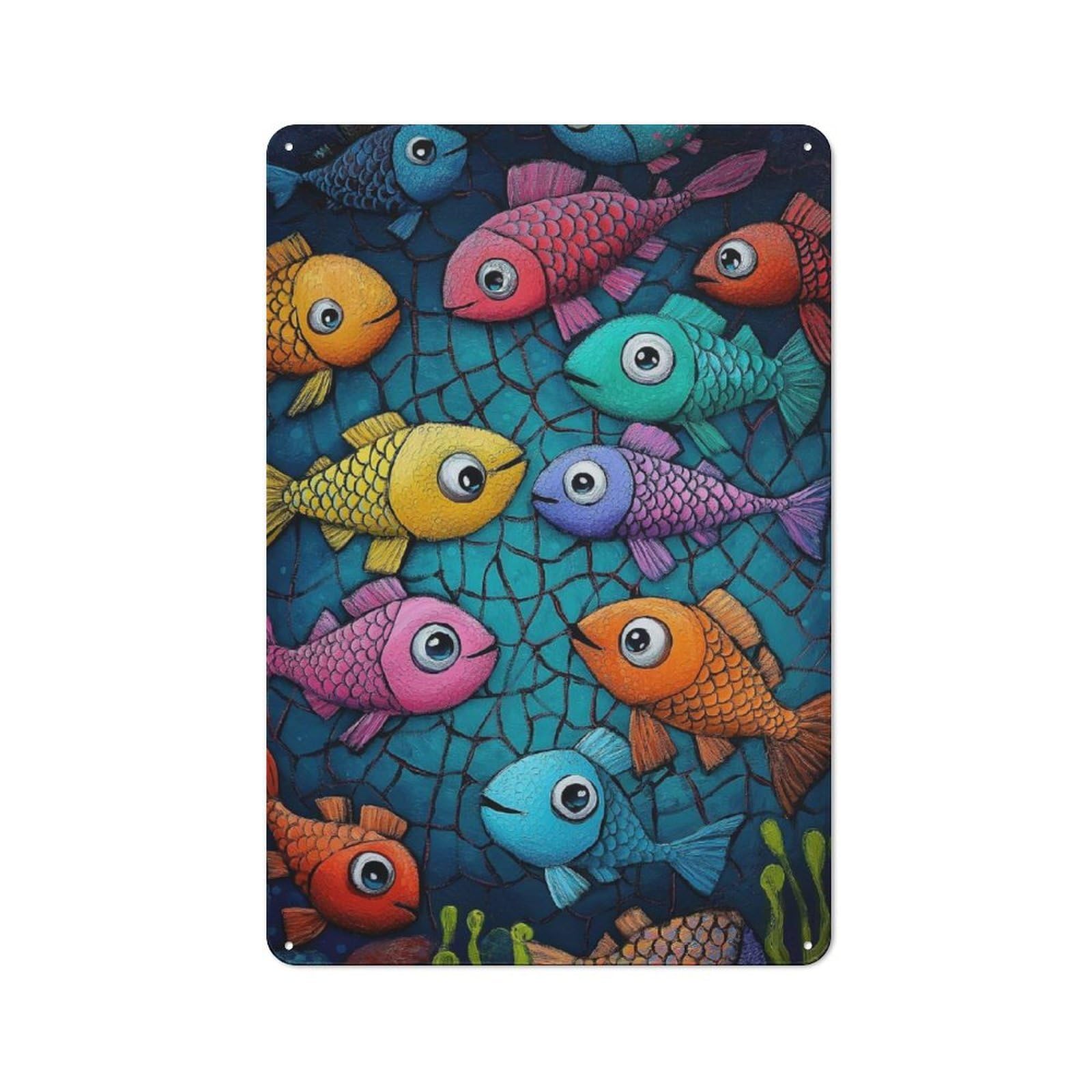 Junmoney Colorful Fish Illustration Metal Plaque 30X20cm With For Hallway Wall, Rustic Decor, For Garage, Workshop And Man Cave Decoration