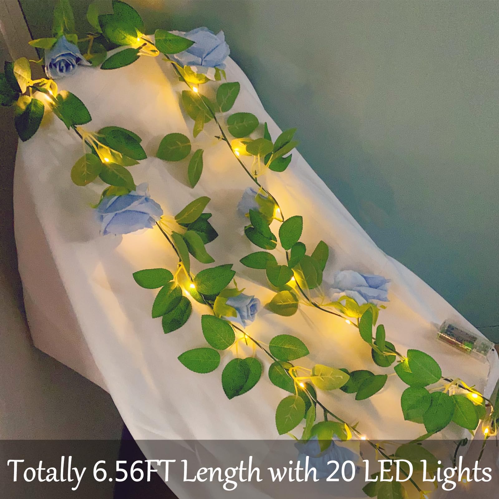 Fielegen 6.56 FT Halloween Artificial  Rose Vine Lights Fake Floral Garland Wall Decoration Faux Plants Rose Vine with 20 LED Fairy Lights Battery Operated String Lights for Garden Wedding Decor: Blue