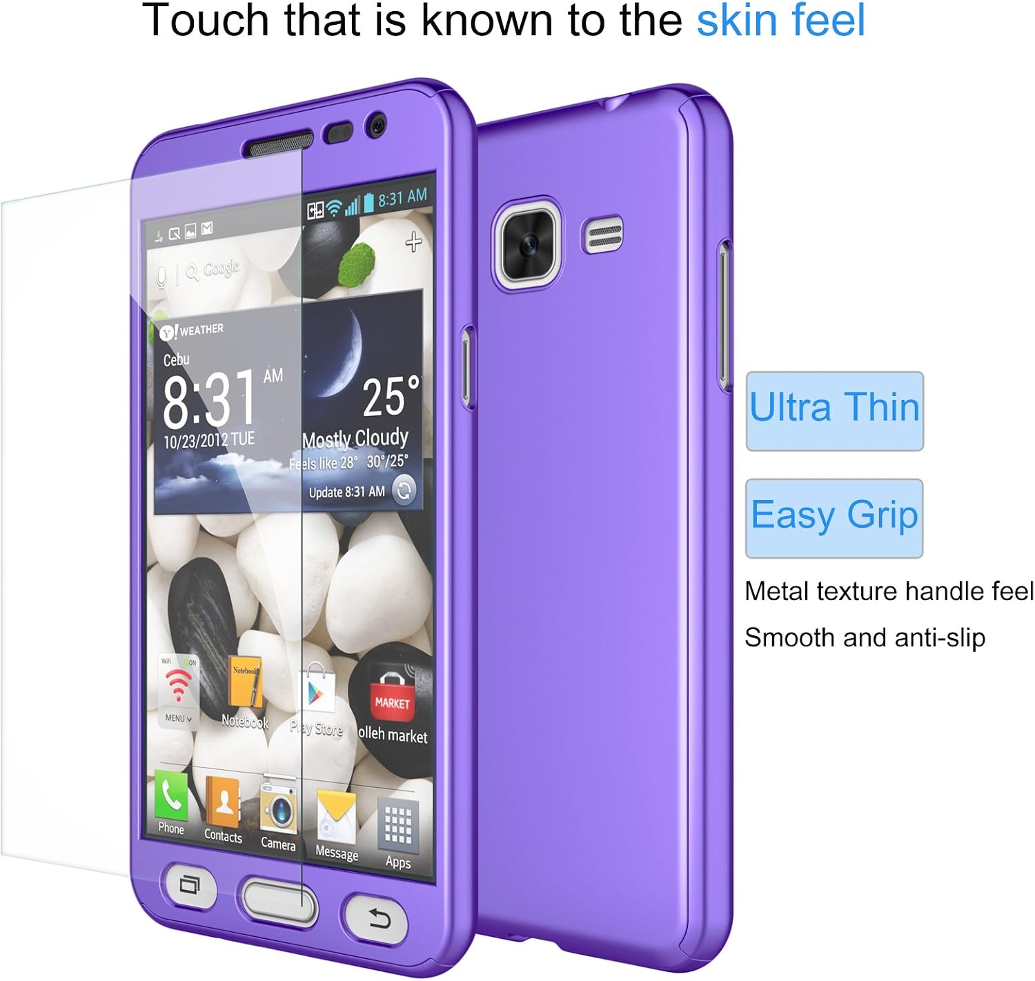 Tekcoo for Galaxy Sky / J3 / J3 V/Sol Case, [T360 HY] Full Body Coverage Protection Hard Cover Shell&Tempered Glass Screen Protector for Samsung Galaxy Amp Prim/Express Prim [Purple]