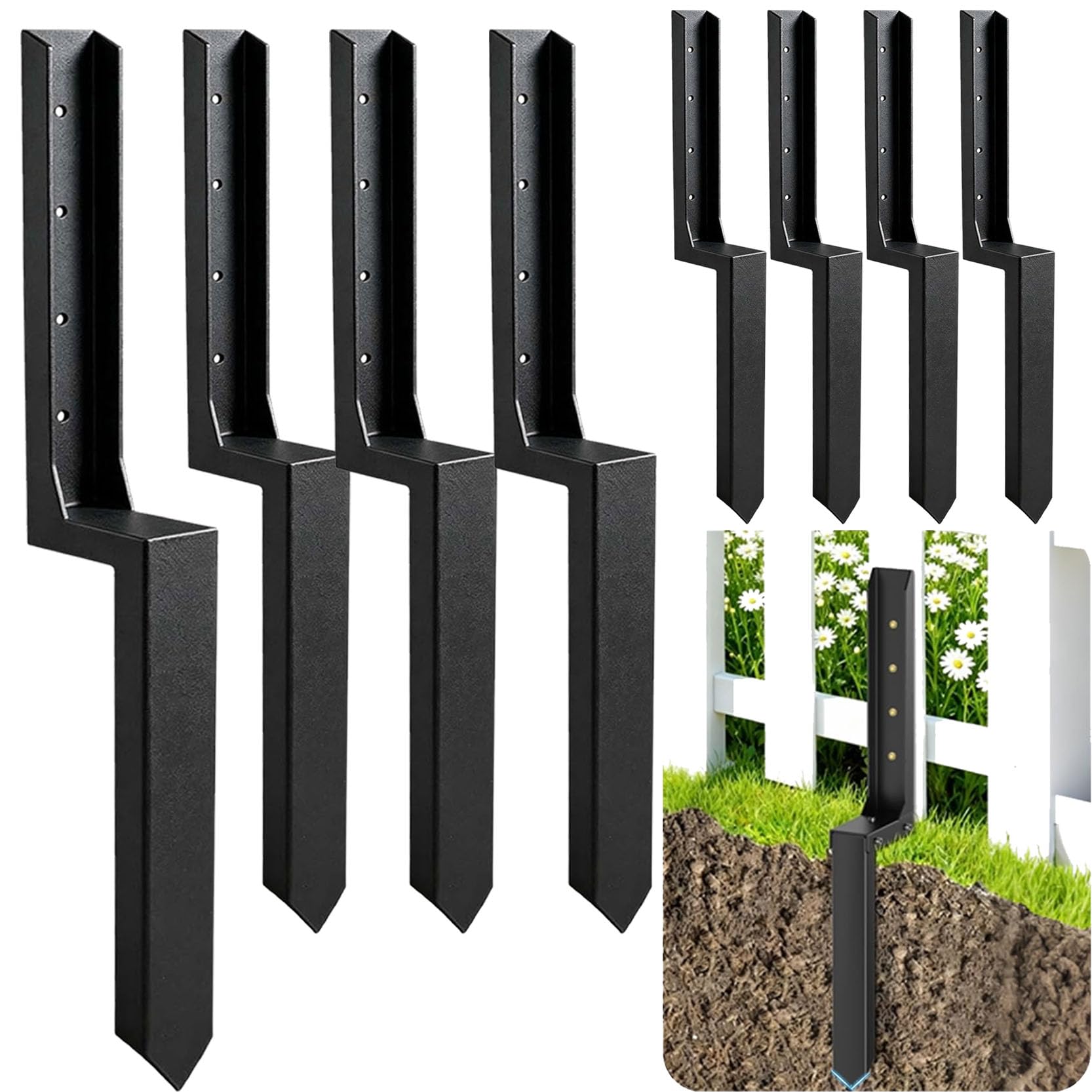 LQSYBHD One-piece molding Fence Post Repair Kit, Heavy Duty Fence Post Anchor Ground Stakes, Robust Quick-Fix Wood Support for Broken Leaning Tilted Degraded Wood Easy to Install,Black(Color:8pack)