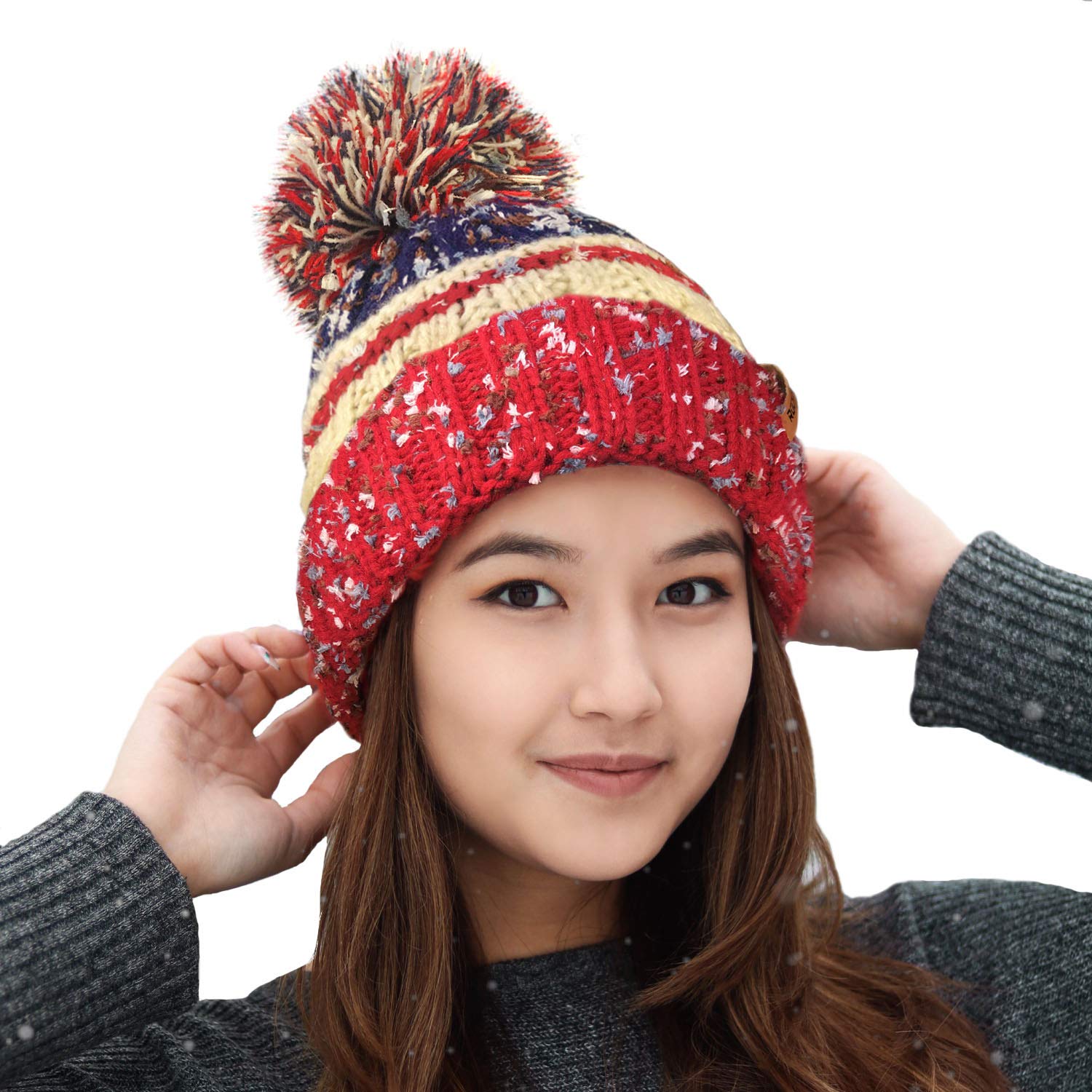 Rockjock Unisex Red R80 Thermal Insulating Ribbed Beanie Bobble Hat With Cosy Fleece Lining - /Cream