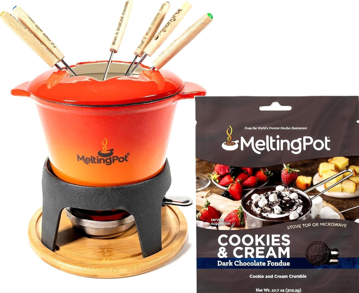 The Melting Pot Cast Iron Fondue Set + 3-pack Dark Chocolate Cookies and Cream