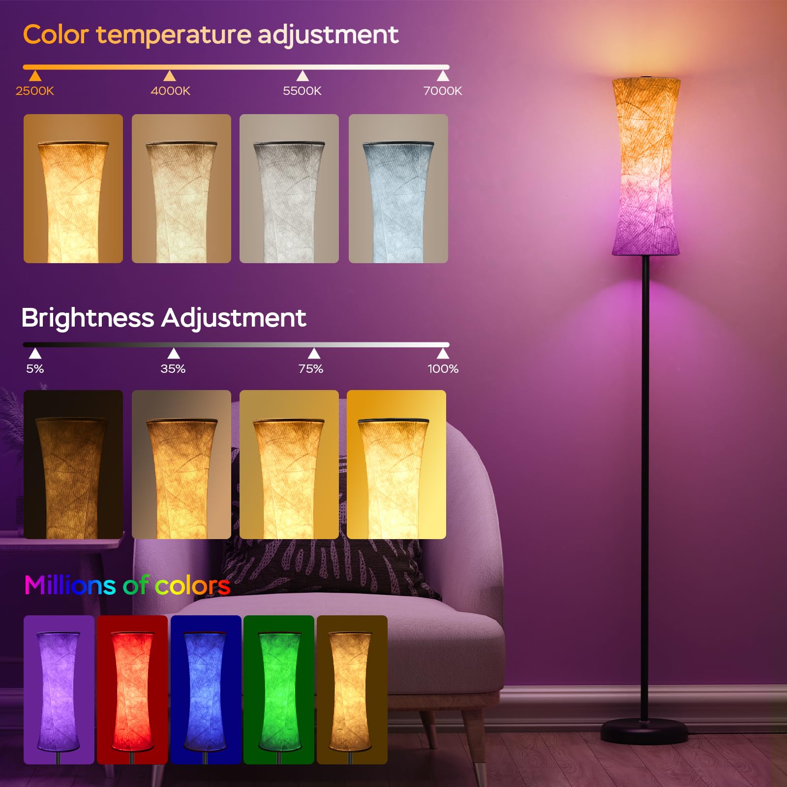 Amedelne RGBW - Lámpara de pie moderna inteligente de 12 W con mando a distancia, de tela, luz ambiental para fiestas, sala de juegos, cámara de círculo, RGBW