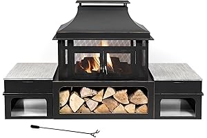 Rimasco 80" Outdoor Fireplaces Wood Burning with Side Storage Tables