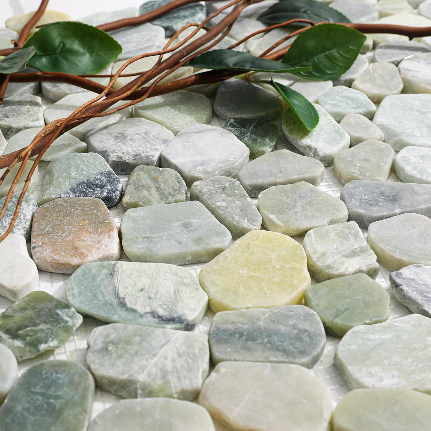 Green Sliced Stone Pebble Mosaic Tile, 12" x 12" Stone Pebble Backplash for Bathroom Kitchen Shower Floors and Wall Decor and Outdoor Areas, Pack of 5
