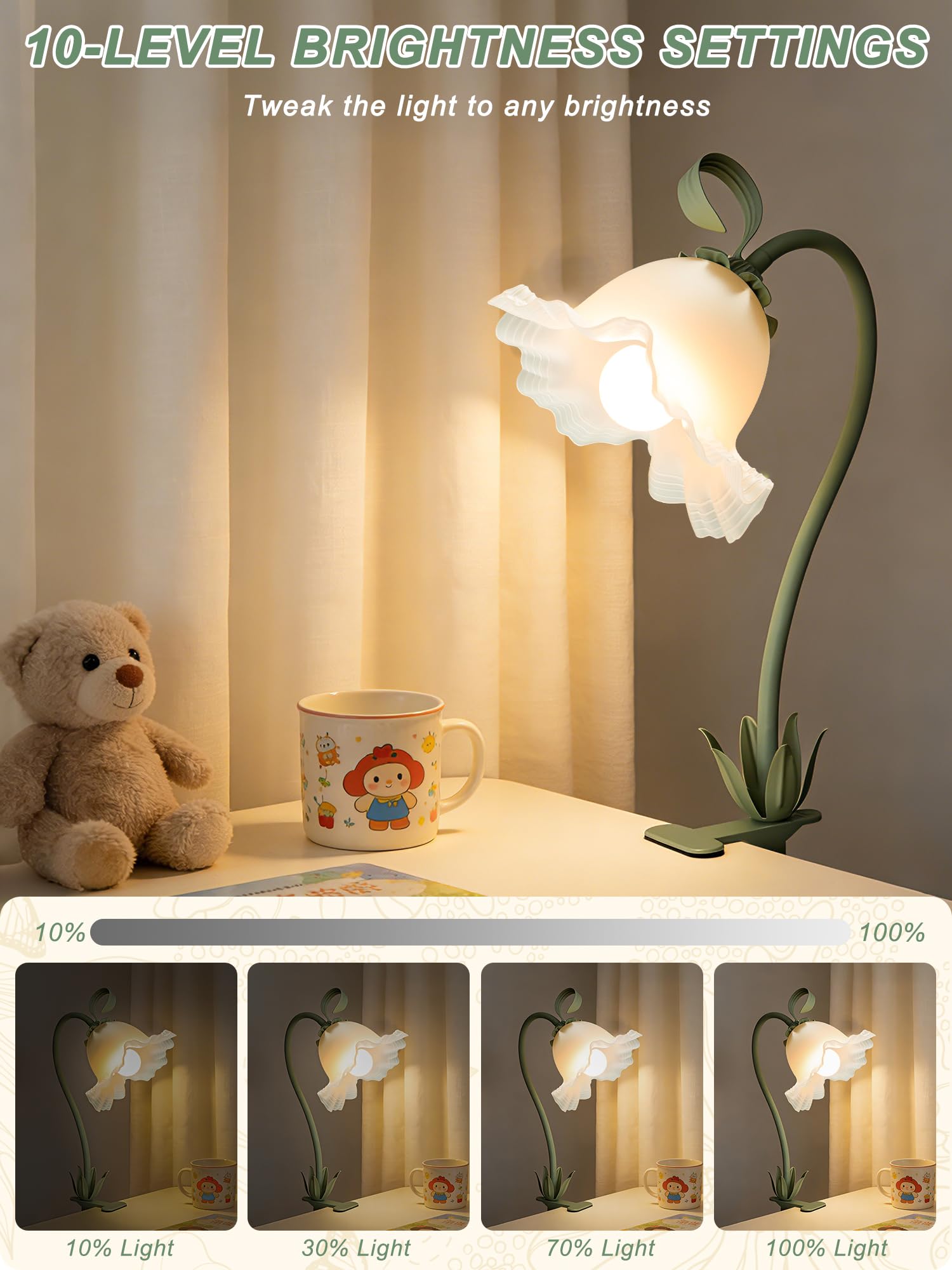 Lámpara de escritorio de flores con clip, luz LED de lectura para el cuidado de los ojos con 3 modos de color, cuello de cisne flexible con clip en la mesita de noche para camas, cabecero, mesa