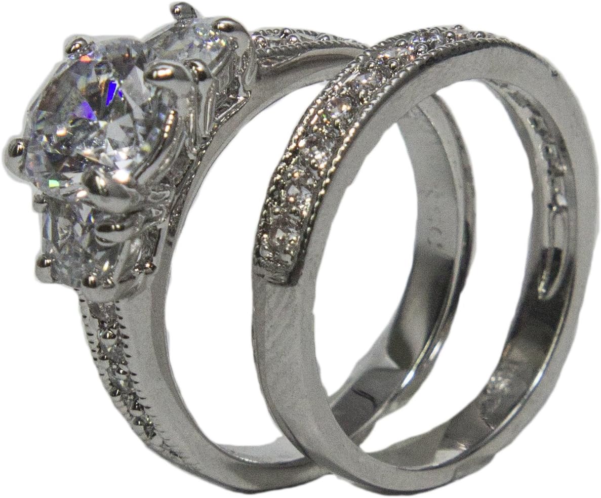 Women's Rhodium Plated Dress Rings Engagement and Band Set CZ 007