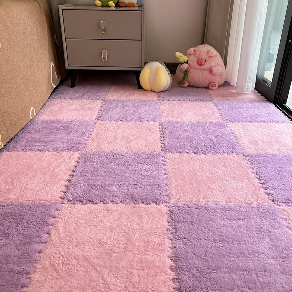 12pcs Carpet Squares Puzzle Floor Mat, Plush Interlocking Carpet Tiles, Anti Slip EVA Foam Jigsaw Floor Tiles, Build A Safe Area for Bedroom Playroom (Pink+Purple)