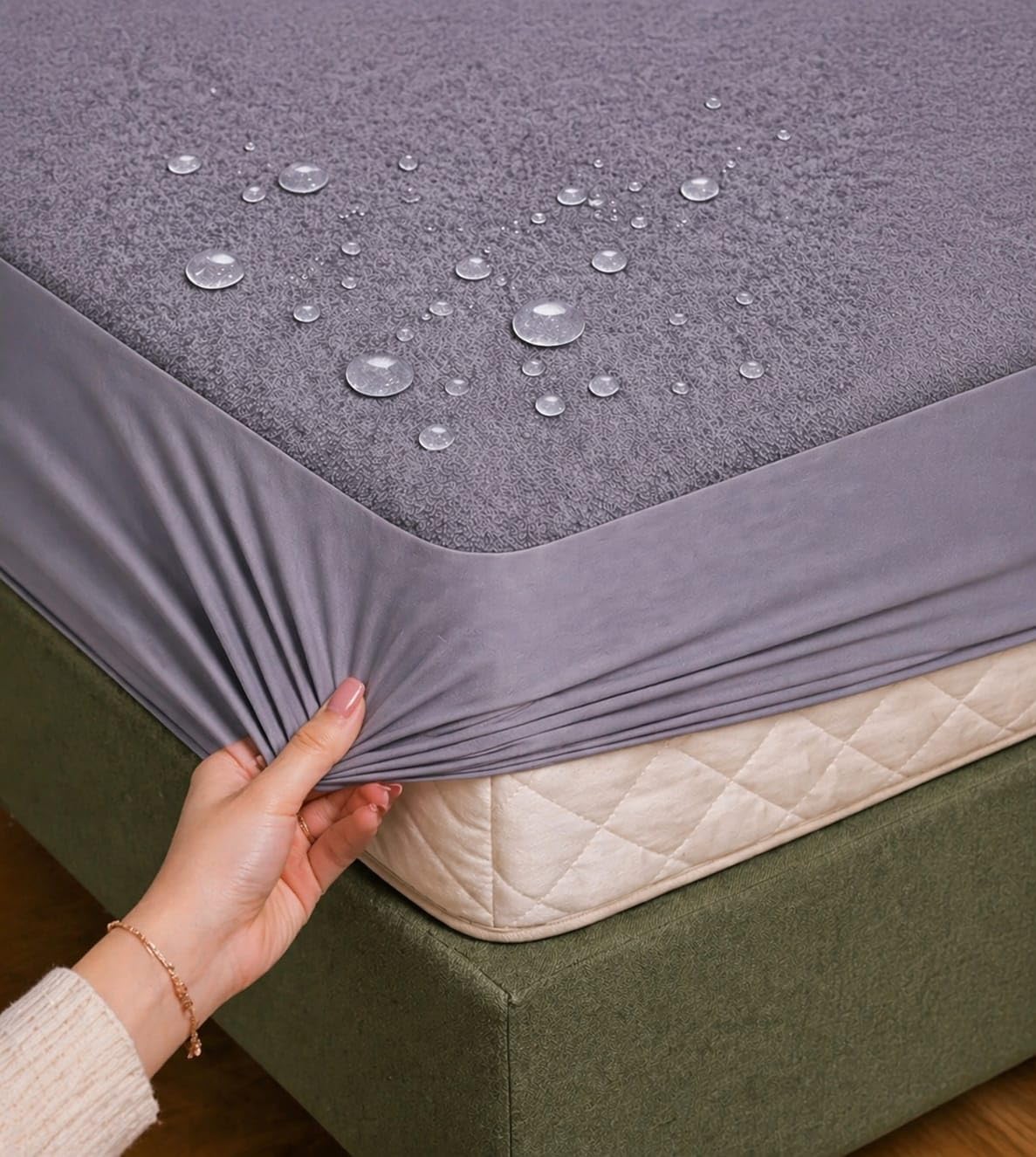 King Size 198x183 cm, Terry Cotton Solid Color, Breathable, Hypoallergenic, Elastic Fitted Waterproof Bedsheet 100% Mattress Protector (Gray, King, Double Bed Matresses Protector)-picture-12