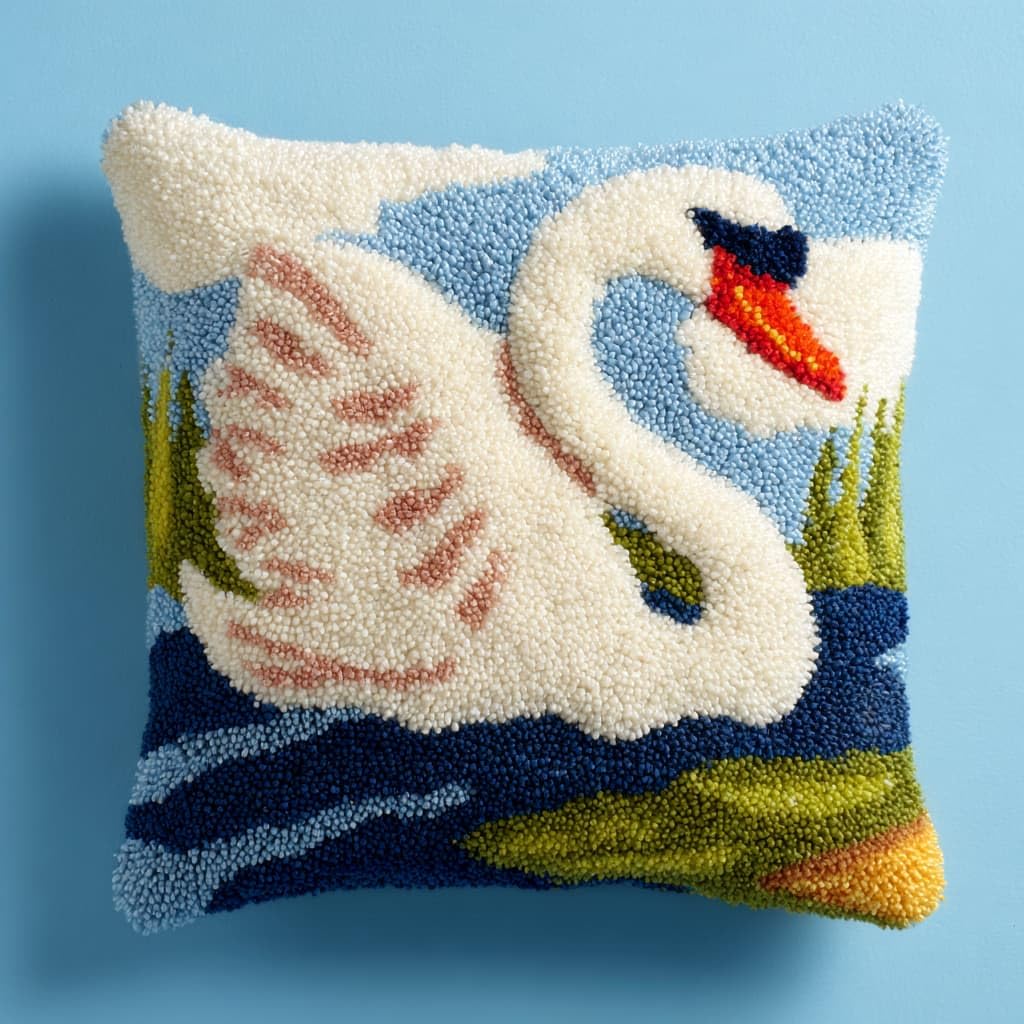 Taxpy Latch Hook Cushion Kits, White Swan Pillow Case Rug Cover DIY Needlework Embroidery Kits Handmade Cushion Kit 43x43cm