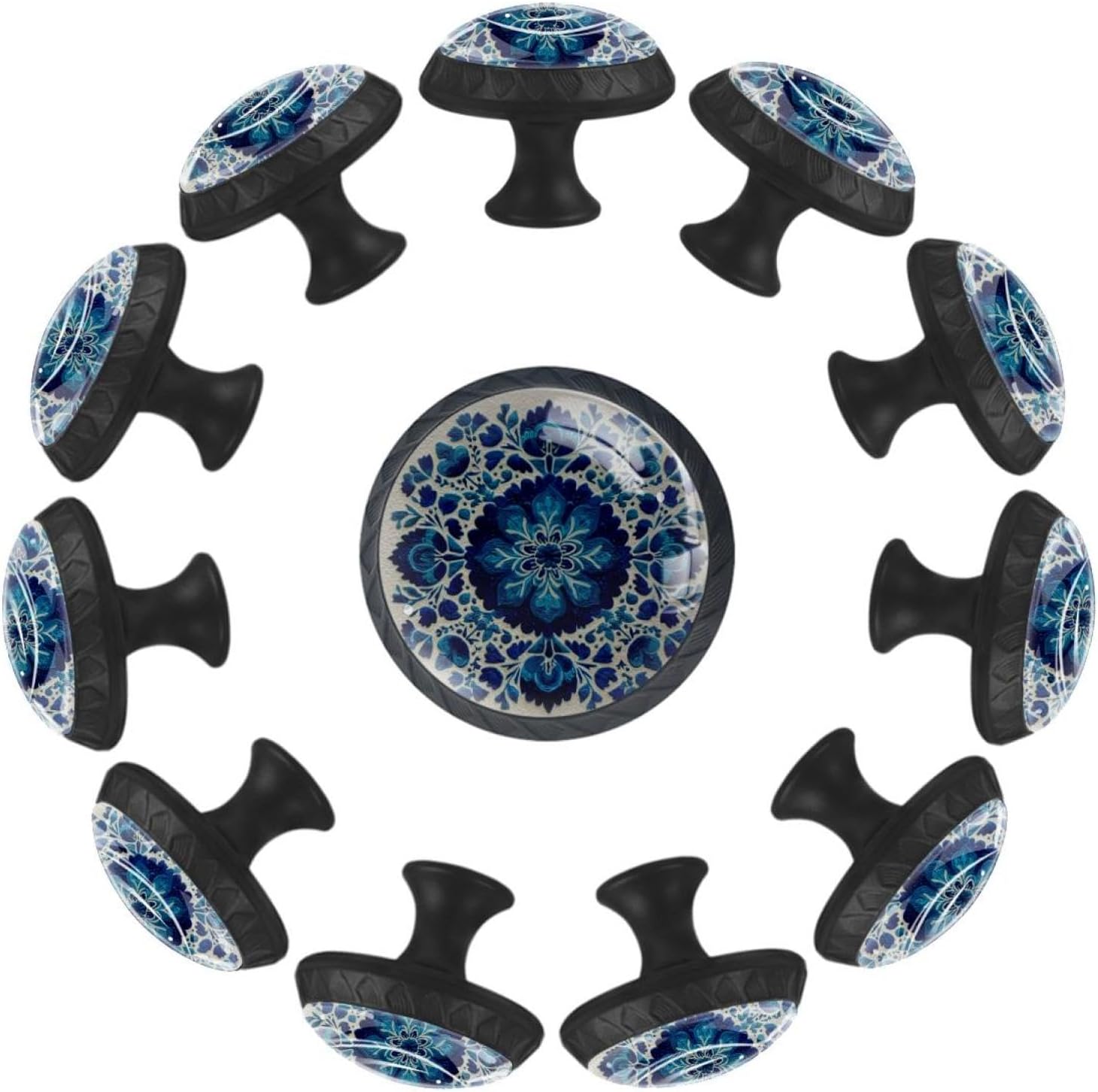 Black Base Blue Mandala Floral (1) Glass Cabinet Knobs, Practical Drawer Pulls for Kitchen Cabinet Bathroom