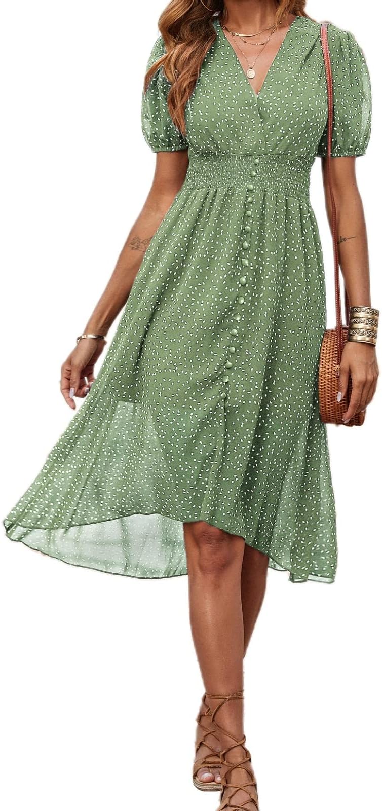 PRETTYGARDENWomen's Floral Wrap V-Neck Midi Dress Short Sleeve Boho Summer Beach Long Dress High Low Hem Smocked Dress Women