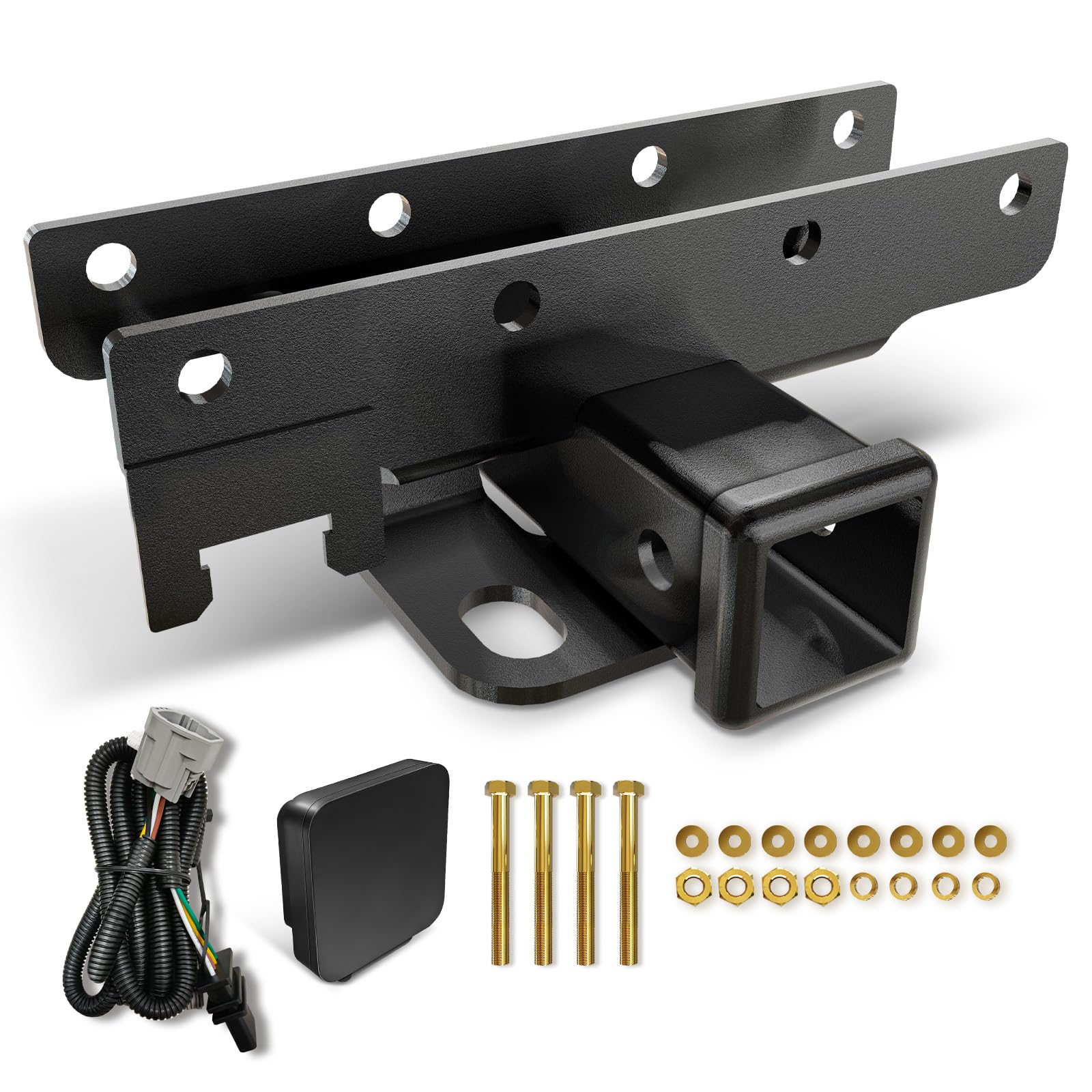 for Jeep Wrangler JK Accessories Towing Hitch Receiver with 4-Pin Wiring Harness Compatible with 2007-2018 Jeep Wrangler JK JKU, Rear Bumper Trailer Hitch Kit 2 Inch Tow Hook Combo with Cover