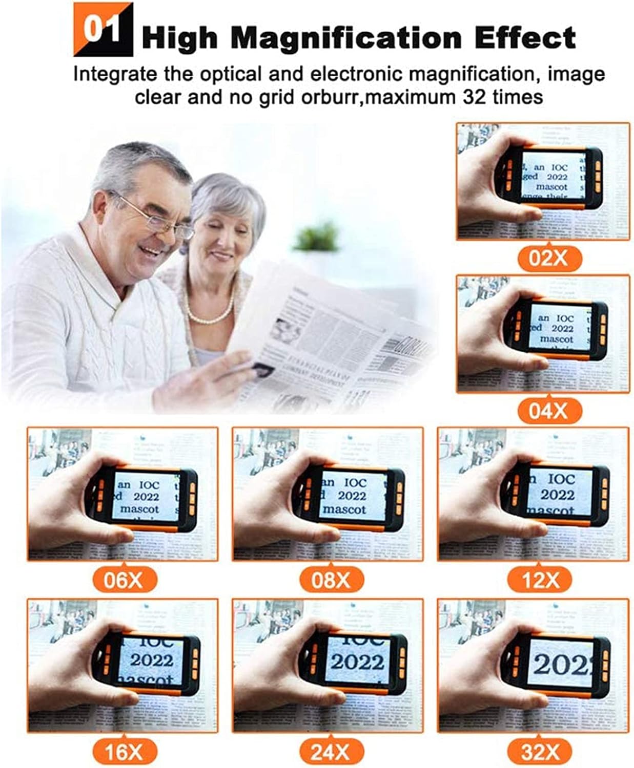 3.5" Magnifying Glass Portable Digital Magnifier Rechargeable Visual Electronic Reading Aid with 2-32X Magnification Adjustment for Seniors Low Vision and Amblyopia