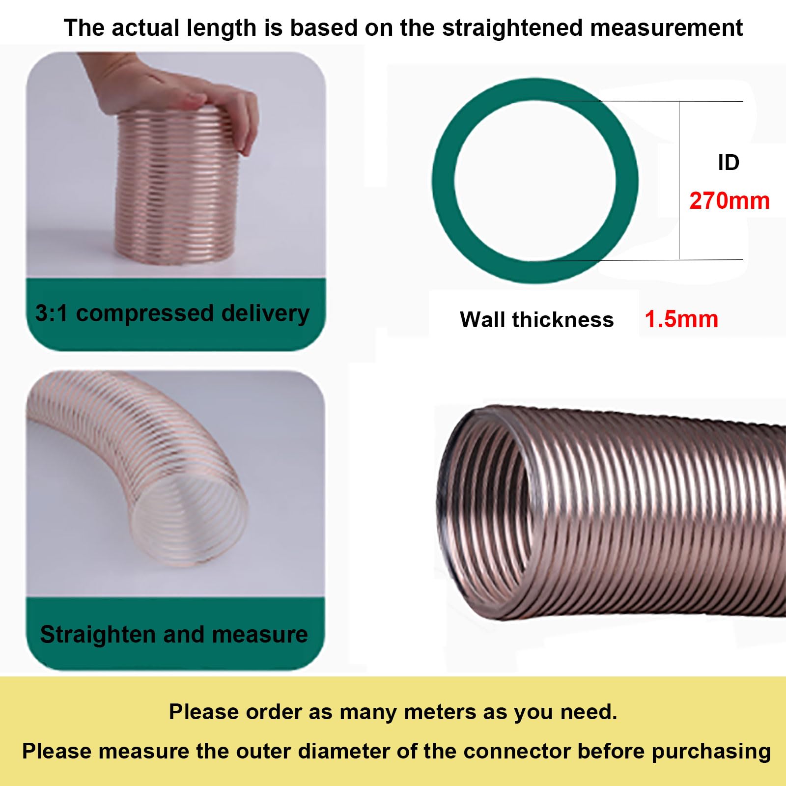 Manguera de recolección de polvo de PU de 1 m - Manguera de vacío transparente flexible for extractores de polvo industriales(270mmx1.5mm)