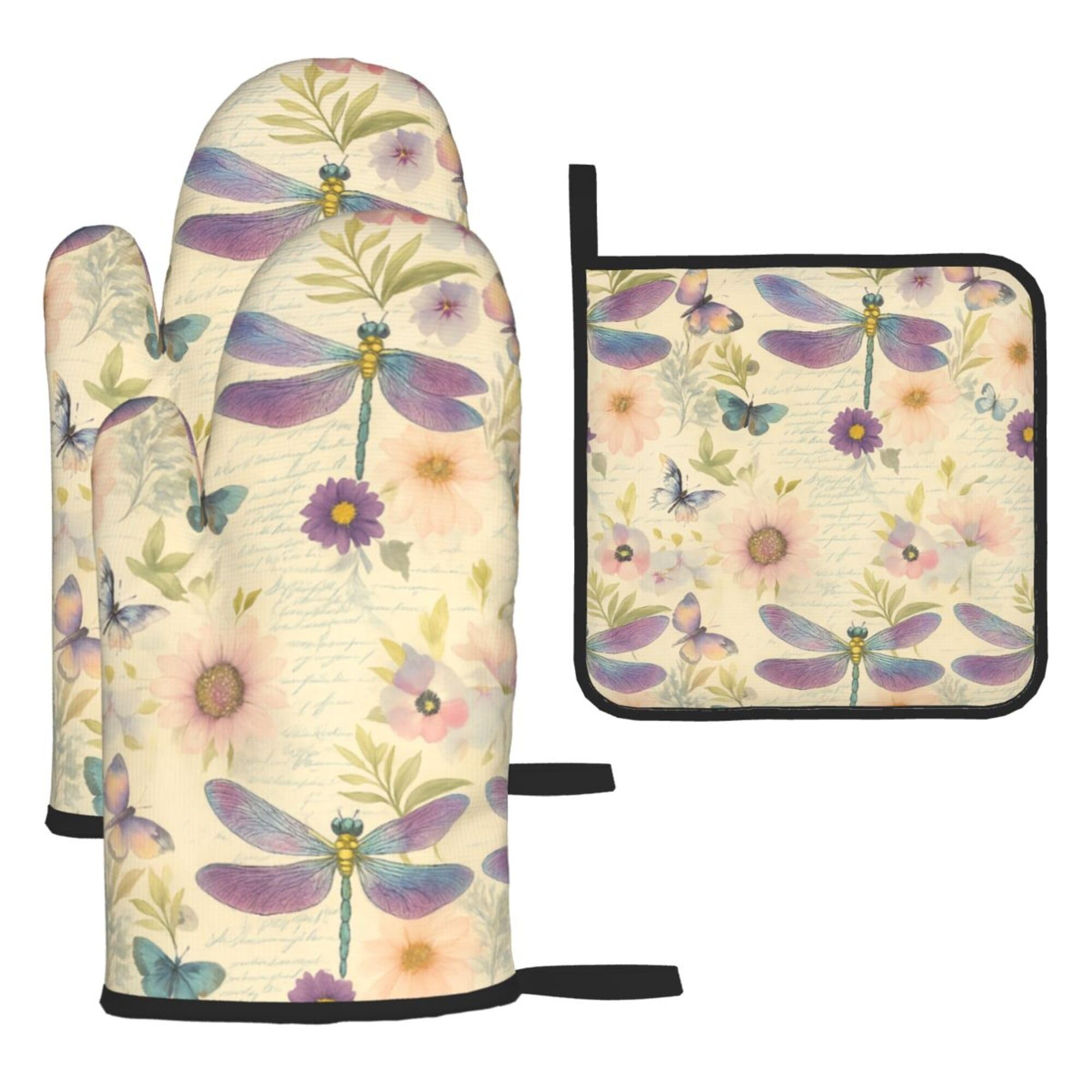 Retro Dragonfly and Flower Oven Mitts and Pot Holders 3pcs Set Heat Resistant Kitchen Gloves