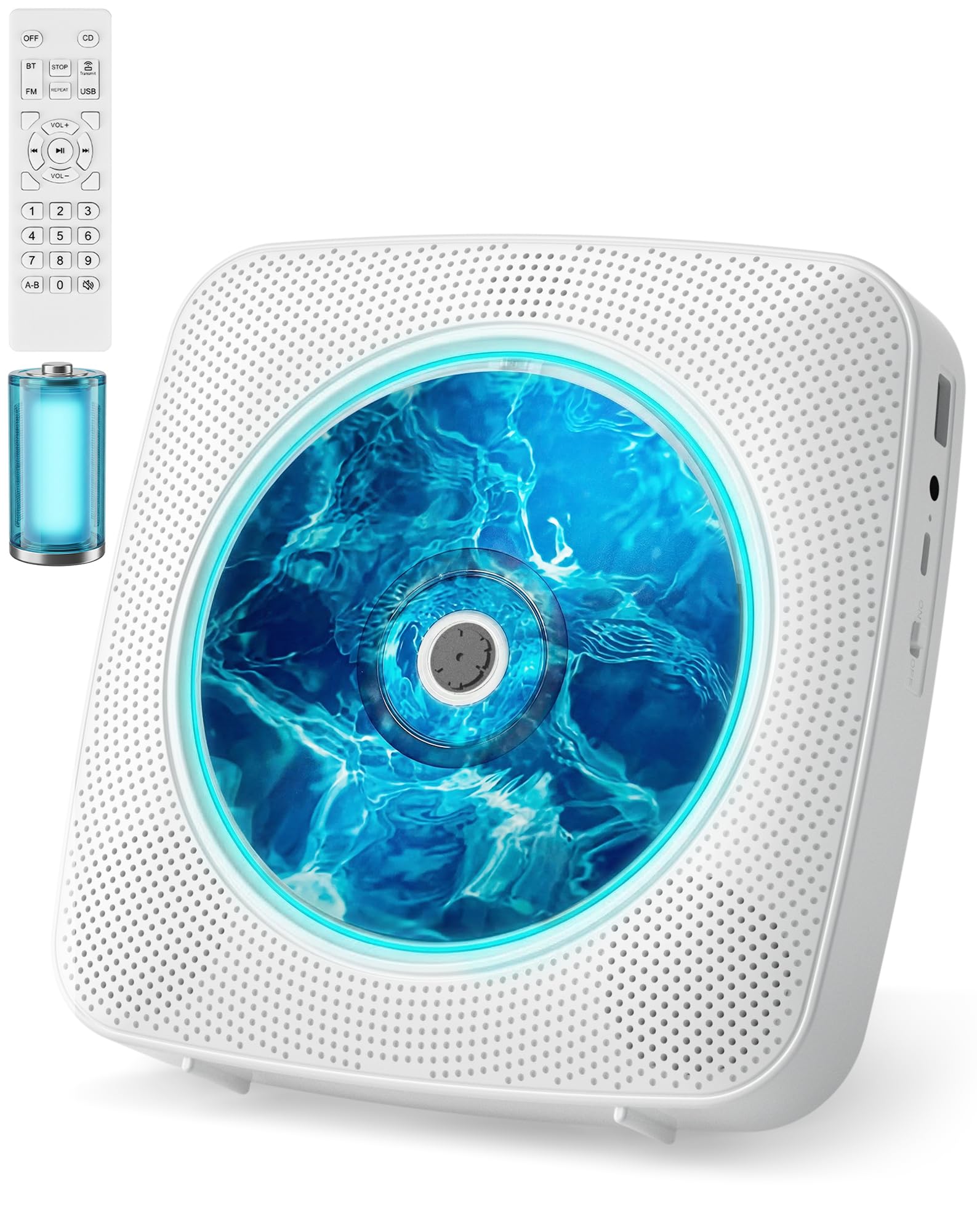 Lecteur CD Portable Bluetooth avec Radio, Haut-Parleur intégré, Prise en Charge USB et AUX, télécommande et Housse de Protection, Blanc