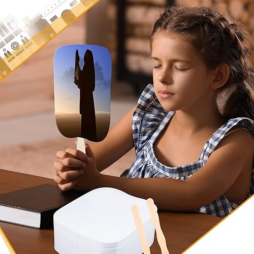 Miniatura 4 de Geelin 150 juegos de abanicos de iglesia de mano en blanco, ventiladores de mano para salón, abanicos de papel, mango de ventilador de mano, palos