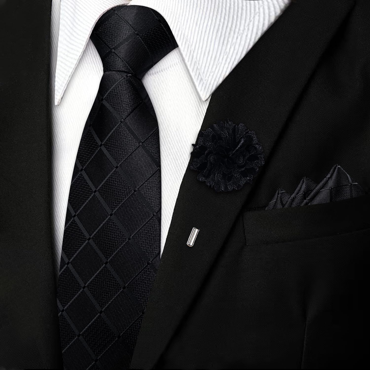 DiBanGu Mens Zipper Tie,Silk Paisley Solid Plaid Pre-tied Tie and Pocket Square Set Formal Adjustable Necktie with Lapel Pin - Image 4