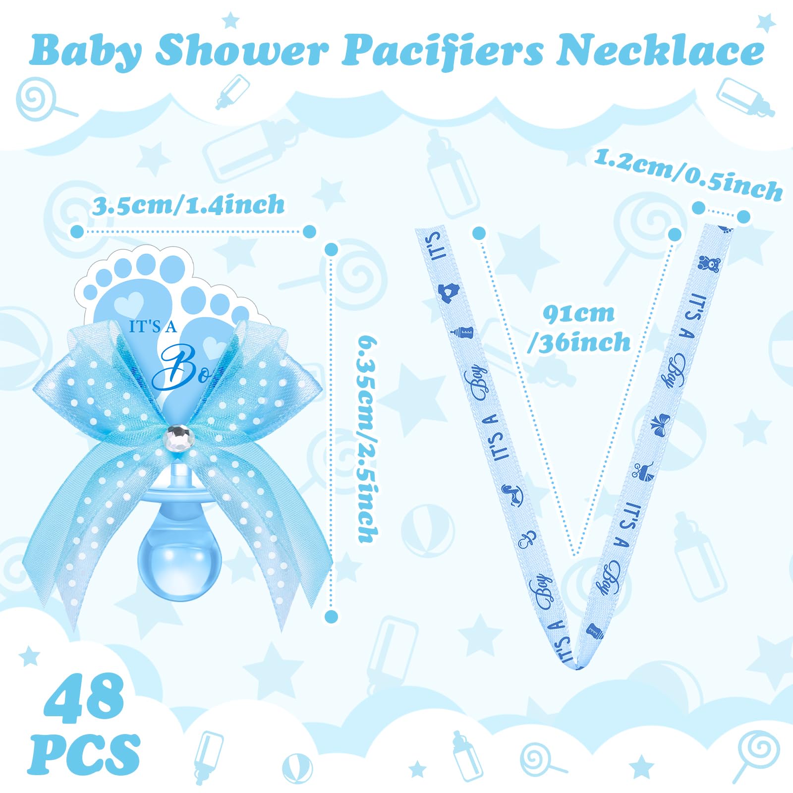 XunYee 48 Pcs Baby Shower Pacifier Necklace Cute Feet Acrylic Pacifiers Necklace for Baby Shower Games Favors Table Scatter Decorations Gender Reveal Party Supplies(Blue)