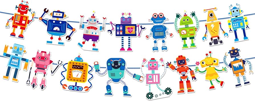 Robot Party Banner Garland for Kids Parties & Robot-Themed Events Adorable Robot Designs with Bright Colors Red, Blue, Green, Pink & More for Birthdays, School Events, Bedroom Walls