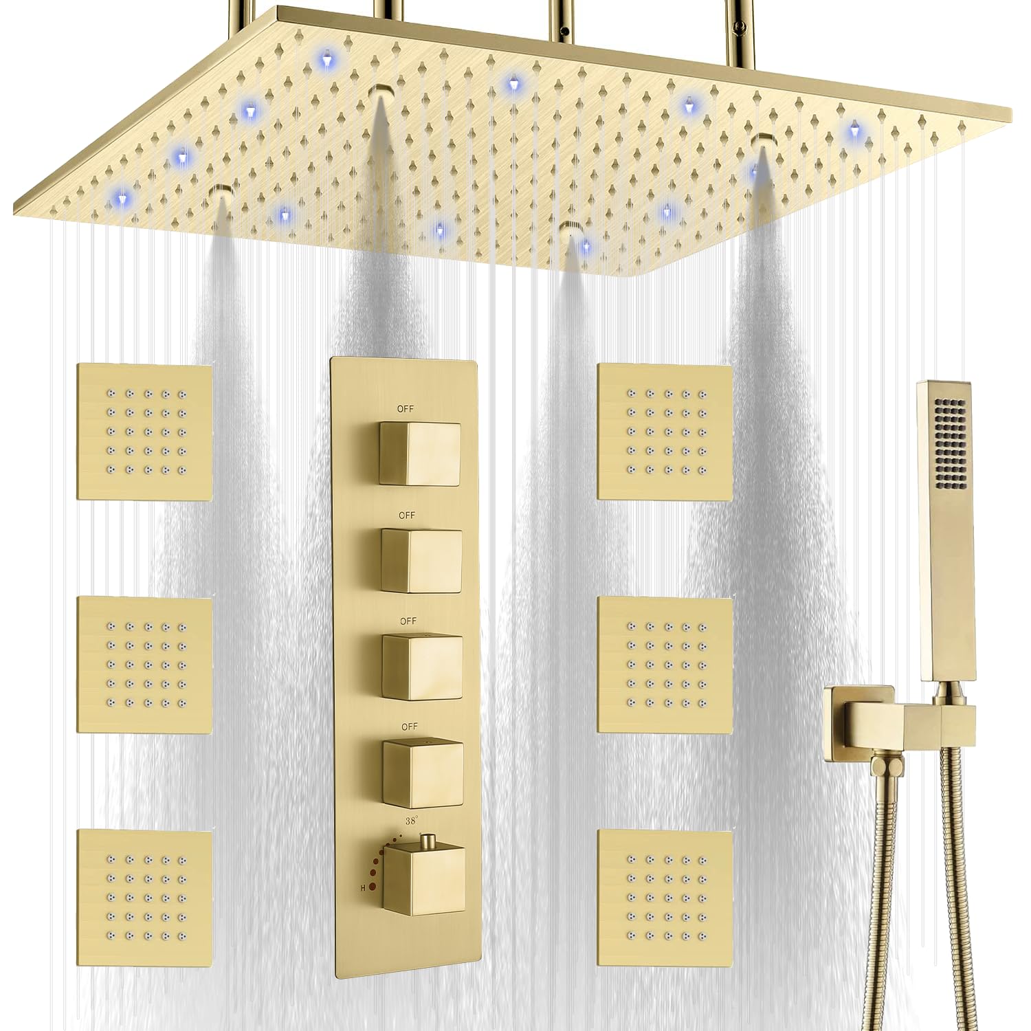 KATAIS Brushed Gold Shower Faucet Set 16 Inch LED Ceiling Mounted ...