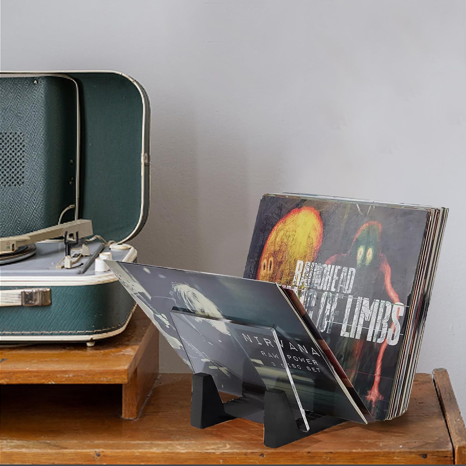 Winylowy organizer na płyty LP, płyta winylowa, stojak, przechowywanie do 50 albumów lub płyt CD, podstawa z litego drewna ze szkłem akrylowym, kolor czarny