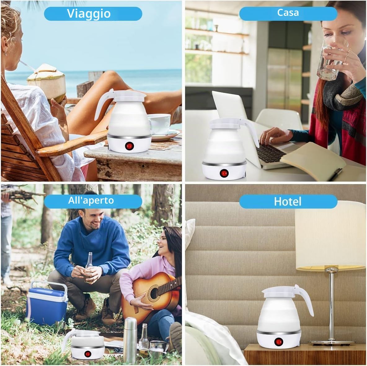 DASIAUTOEM Bollitore elettrico pieghevole da campeggio, bollitore elettrico, 0,6 l, in silicone, per cucina, viaggi, campeggio, attività all'aperto (bianco)
