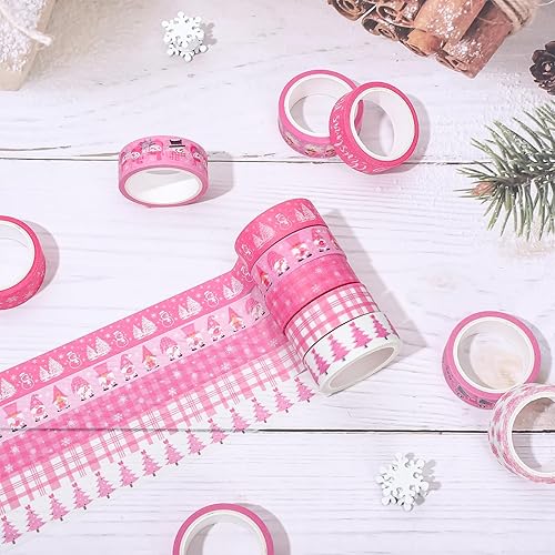 Miniatura 5 de Whaline 12 rollos de cinta washi rosa y blanca con diseño de árbol de copo de nieve a cuadros, cinta adhesiva decorativa para regalo de fiesta,