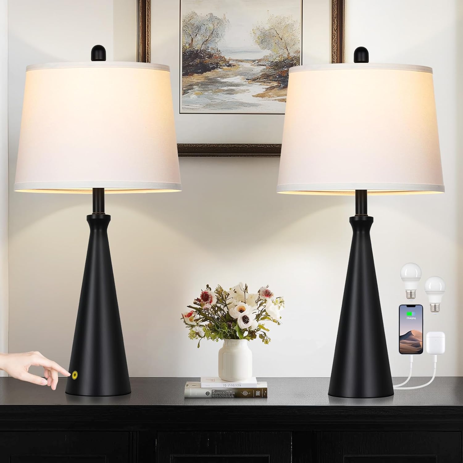 28" Black Table Lamps Set of 2, Touch Control Tall Living Room Lamp with USB A+C Ports,3-Way Dimmable Bedside Lamps for Nightstand,Modern Metal Bedroom Lamp,2 Bulbs Included