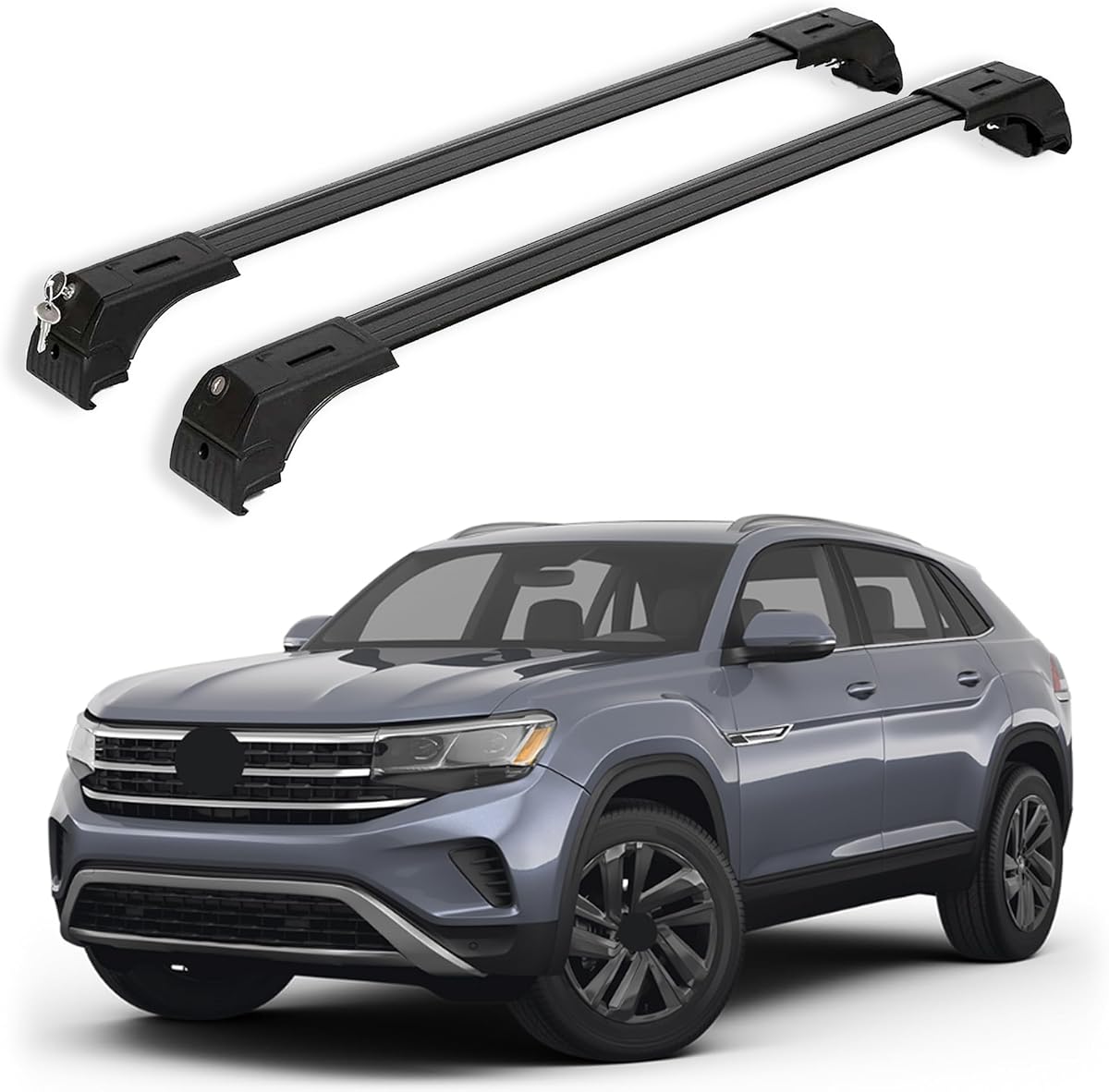 Barras transversales para portaequipajes de techo para VW Volkswagen Atlas Cross Sport 2020-2026 | Travesaños de Aluminio con Cerradura Antirrobo para Azotea | Compatible con rieles empotrados - Negro