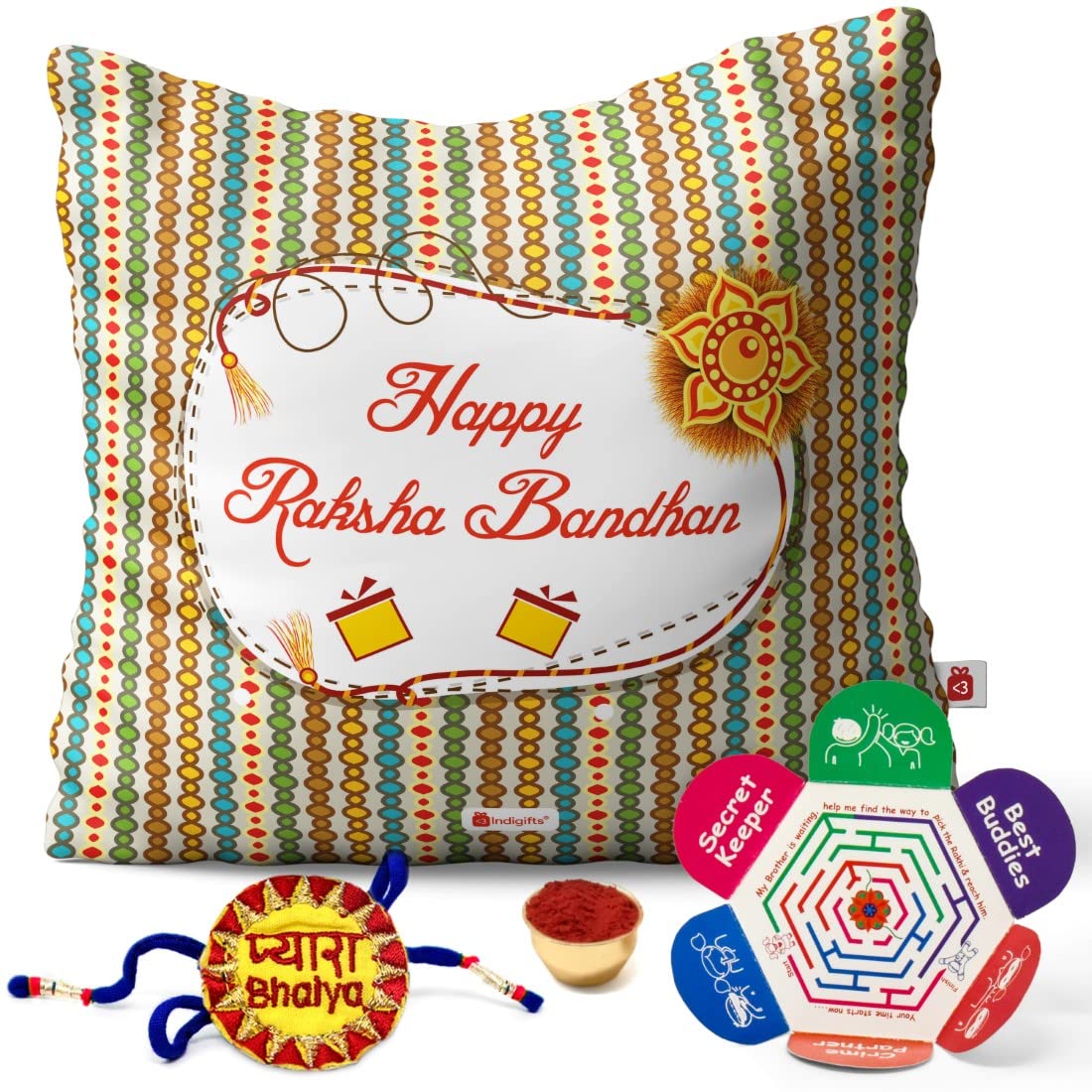 Indigifts IA Raksha bandhan Rakhi Gift Hamper Pyara Bhaiya Embroidery Rakhi for Brother & Happy Raksha bandhan Greeting Card Rakhi Wishes Designer White Cushion Cover, Pyara Bhaiya Embroidery Rakhi, Roli, Greeting Card 18x18 - Gifts For Big Brother Bhai on his Birthday Rakhi bhaidooj