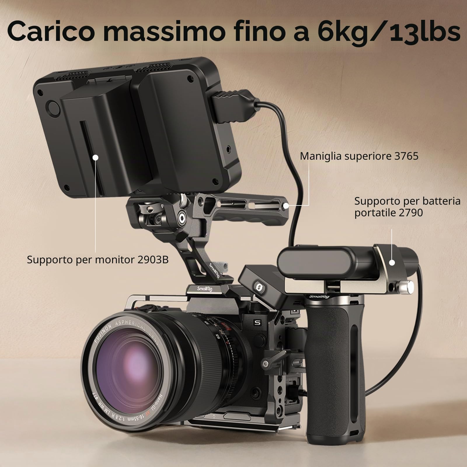 SMALLRIG Maniglia Laterale NATO Piccola per Gabbie per Fotocamera, 43 mm Regolabile su e Giù, Foro Filettato 1/4"-20 Integrato, Foro per Cinghia, Slitta Fredda - 4840