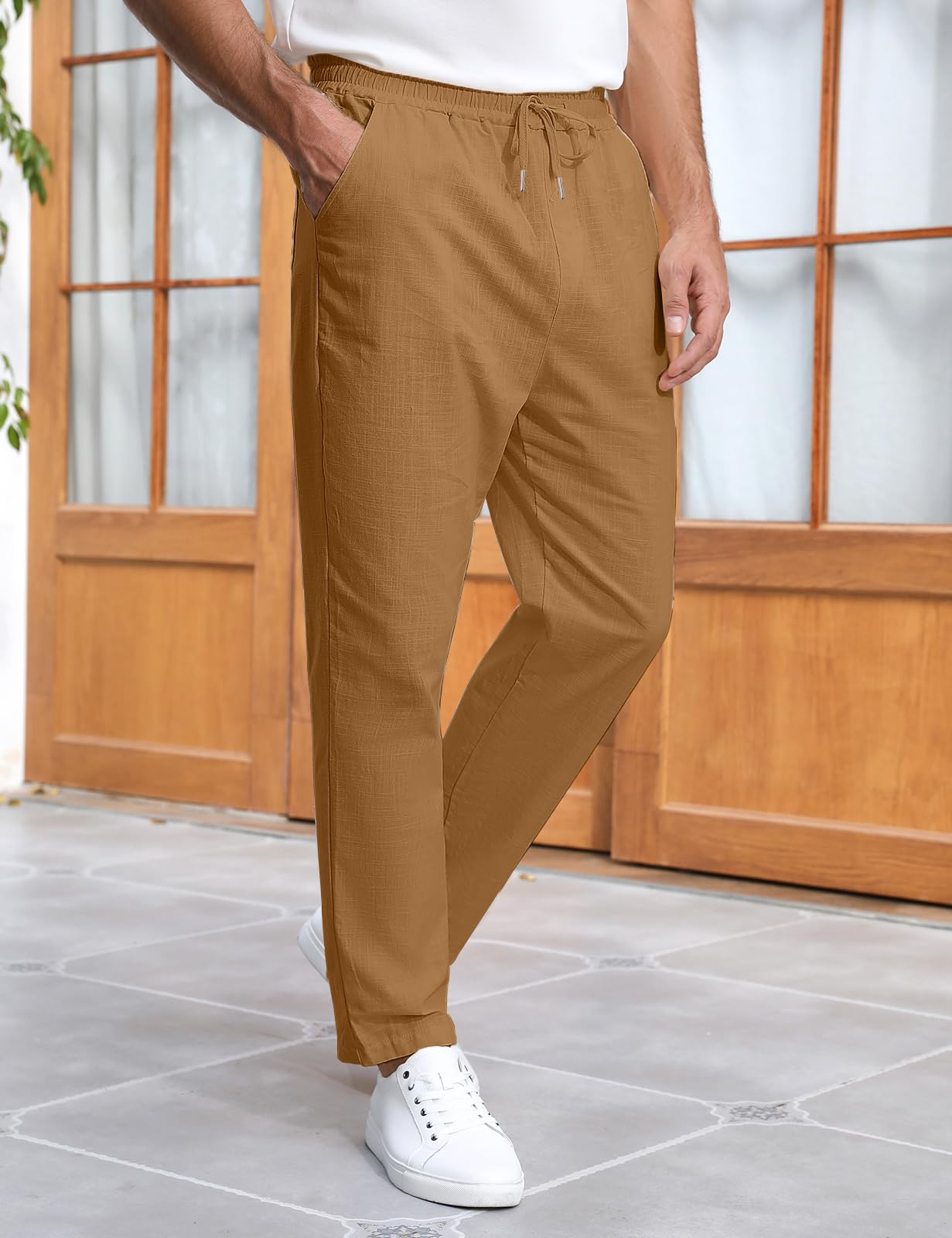 Voqeen Pantaloni Lino Uomo Pantaloni Estivi Loose Fit Pantalone con Coulisse Elastica in Vita con Tasche Pantalaccio Uomo Estivo Leggeri a Gamba Dritta