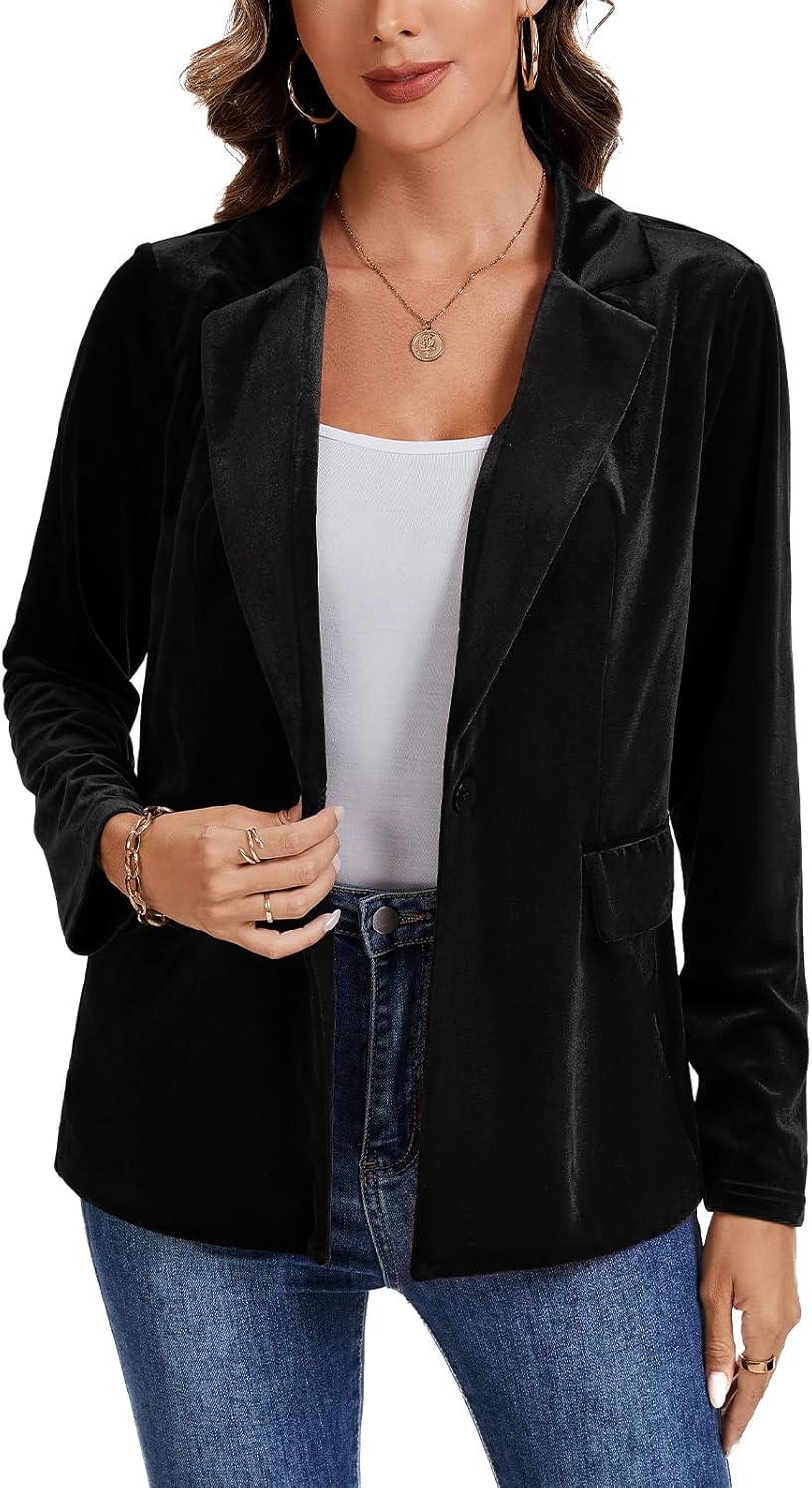 Women's Velvet Suit Blazer Jacket Casual Office Work Long Sleeve One Button Jacket Coat Blazer Pockets - Image 5