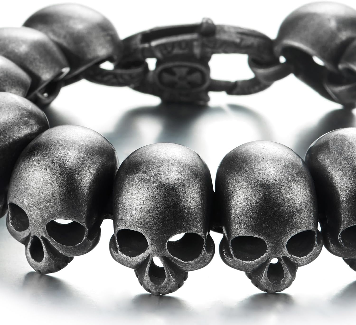 COOLSTEELANDBEYOND Mens Stainless Steel Large Skull Link Bracelet Biker Gothic Style, Old Metal Treatment