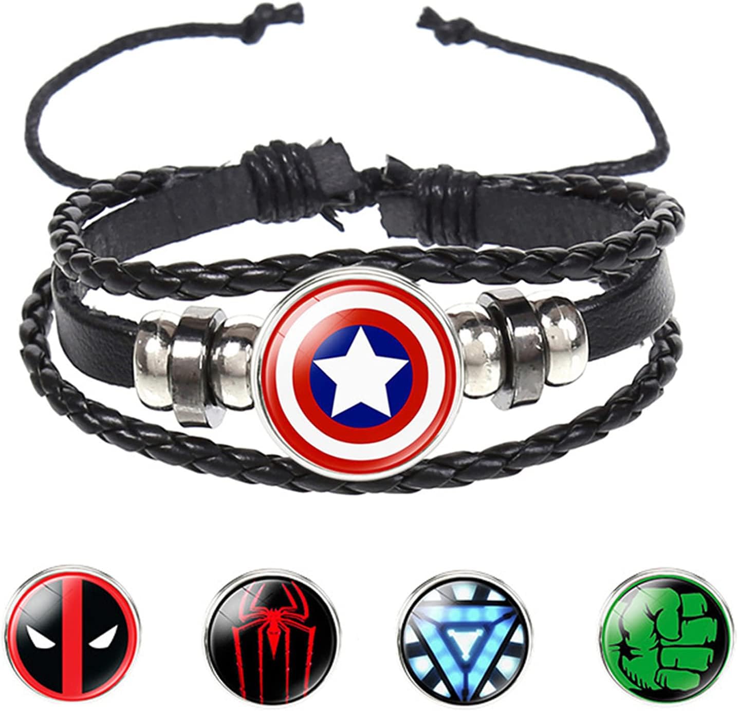 Super Hero Bracelets with 5Pcs Replacement Pendants, Adjustable Avenger Leather Braided Bracelet for Adults and Children Captain America Iron Man Spider Man for Birthday Present Marvel Lovers