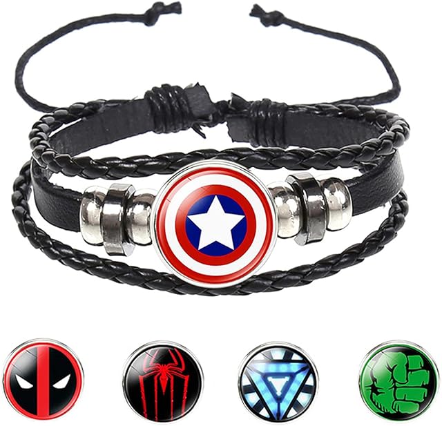 Super Hero Bracelets with 5Pcs Replacement Pendants, Adjustable Avenger Leather Braided Bracelet for Adults and Children Captain America Iron Man Spider Man for Birthday Present Marvel Lovers